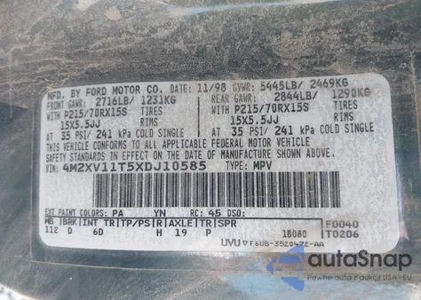 1999 Mercury Villager Estate/Sport from USA, damaged, VIN 4M2XV11T5XDJ10585